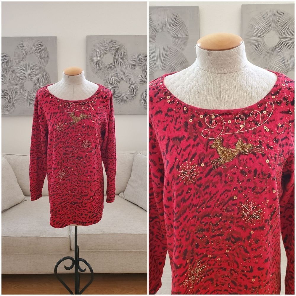 Jack B Quick Beaded Reindeer Christmas Tunic Sweater Sz XL